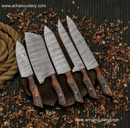 Kitchen knife handmade Damascus steel chef set gift for him ,gift for mother with leather roll kit , kitchen knife chef set gift for husband | Arham Cutlery Arham Cutlery