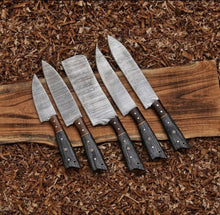 Load image into Gallery viewer, Handmade Damascus Steel 5 PCs Kitchen Knife Set With Leather Roll Kit | Arham Cutlery
