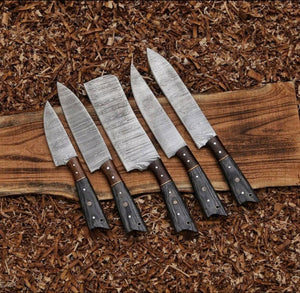 Handmade Damascus Steel 5 PCs Kitchen Knife Set With Leather Roll Kit | Arham Cutlery