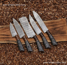 Cargar imagen en el visor de la galería, Handmade Damascus Steel 5 PCs Kitchen Knife Set With Leather Roll Kit | Arham Cutlery
