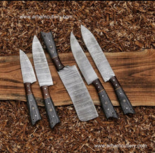 Load image into Gallery viewer, Handmade Damascus Steel 5 PCs Kitchen Knife Set With Leather Roll Kit | Arham Cutlery
