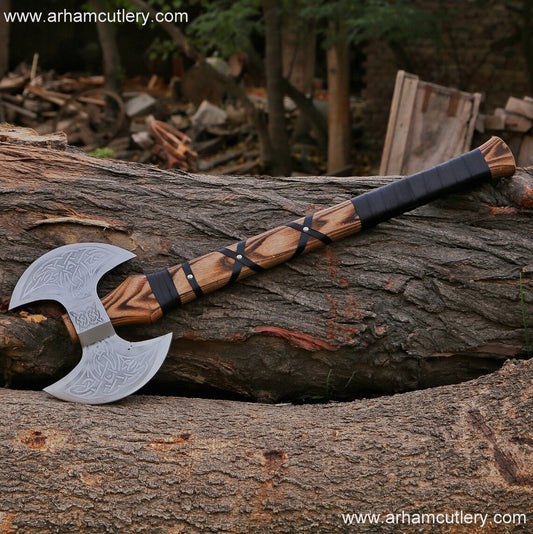 Handmade Carbon Steel Double Headed Axe MATERIAL Ash wood, steel High Carbon | Arham Cutlery