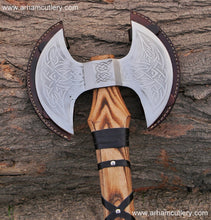 Cargar imagen en el visor de la galería, Handmade Carbon Steel Double Headed Axe MATERIAL Ash wood, steel High Carbon | Arham Cutlery
