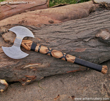 Cargar imagen en el visor de la galería, Handmade Carbon Steel Double Headed Axe MATERIAL Ash wood, steel High Carbon | Arham Cutlery
