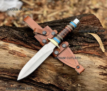 Cargar imagen en el visor de la galería, Viking Fork-Beard D2 Steel Hand Forged Fixed Blade Knife With Leather Sheath , Stacked Leather With Blue Turquoise Stone Handle

