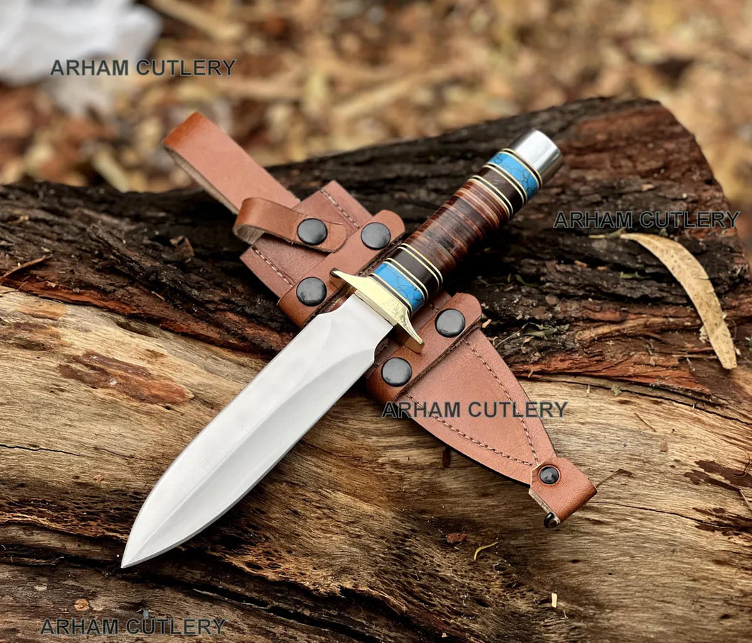 Viking Fork-Beard D2 Steel Hand Forged Fixed Blade Knife With Leather Sheath , Stacked Leather With Blue Turquoise Stone Handle