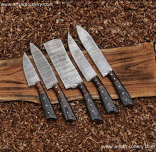 Load image into Gallery viewer, Handmade Damascus Steel 5 PCs Kitchen Knife Set With Leather Roll Kit | Arham Cutlery
