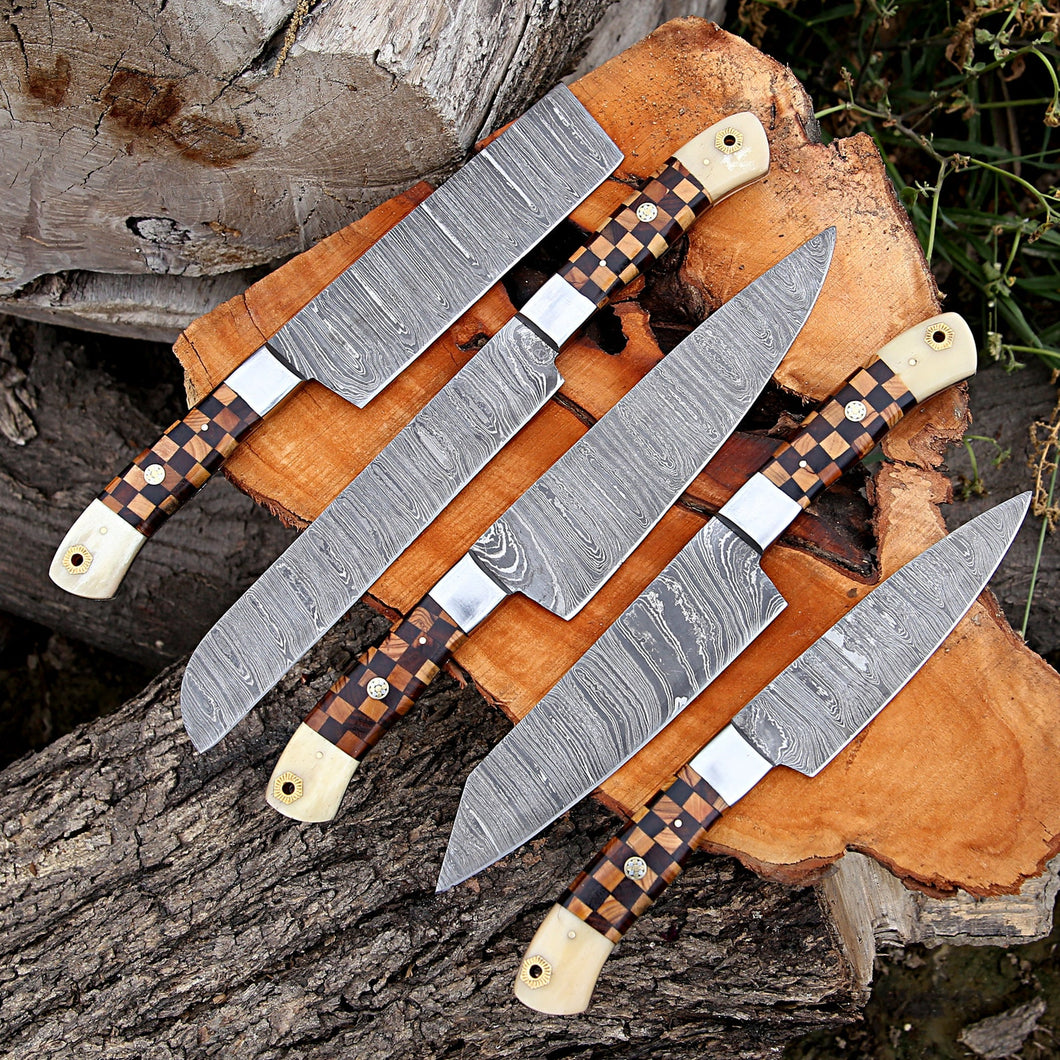 Handmade Damascus steel chef knives set With leather roll Kitchen use set of 5 pcs gift for him Full Kitchen Knife Set, with Wooden handle - Arham Cutlery