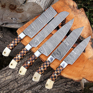 Handmade Damascus steel chef knives set With leather roll Kitchen use set of 5 pcs gift for him Full Kitchen Knife Set, with Wooden handle - Arham Cutlery