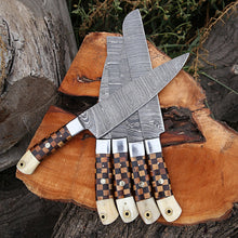 Cargar imagen en el visor de la galería, Handmade Damascus steel chef knives set With leather roll Kitchen use set of 5 pcs gift for him Full Kitchen Knife Set, with Wooden handle - Arham Cutlery
