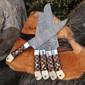 Handmade Damascus steel chef knives set With leather roll Kitchen use set of 5 pcs gift for him Full Kitchen Knife Set, with Wooden handle - Arham Cutlery