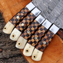 Cargar imagen en el visor de la galería, Handmade Damascus steel chef knives set With leather roll Kitchen use set of 5 pcs gift for him Full Kitchen Knife Set, with Wooden handle - Arham Cutlery
