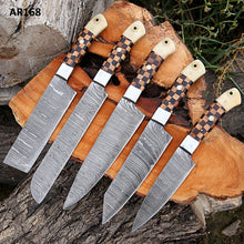 Cargar imagen en el visor de la galería, Handmade Damascus steel chef knives set With leather roll Kitchen use set of 5 pcs gift for him Full Kitchen Knife Set, with Wooden handle - Arham Cutlery
