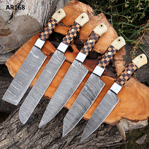 Handmade Damascus steel chef knives set With leather roll Kitchen use set of 5 pcs gift for him Full Kitchen Knife Set, with Wooden handle - Arham Cutlery