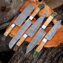 Cargar imagen en el visor de la galería, Handmade Damascus steel chef knives set With leather roll Kitchen use set of 5 pcs Full tang Kitchen Knife Set, with Wooden handle - Arham Cutlery
