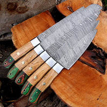 Cargar imagen en el visor de la galería, Handmade Damascus steel chef knives set With leather roll Kitchen use set of 5 pcs Full tang Kitchen Knife Set, with Wooden handle - Arham Cutlery
