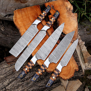 Custom Damascus steel chef knife set With leather roll Handmade Chef set of 5 pcs Gift for Him Kitchen Knife Set Christmas Gift for him - Arham Cutlery