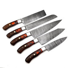 Cargar imagen en el visor de la galería, Damascus Steel Kitchen Knfie Set Custom knife set for Christmas Gift Chef Knife Set 5Pcs Knives Set With Leather Roll Kitchen Knife Set - Arham Cutlery
