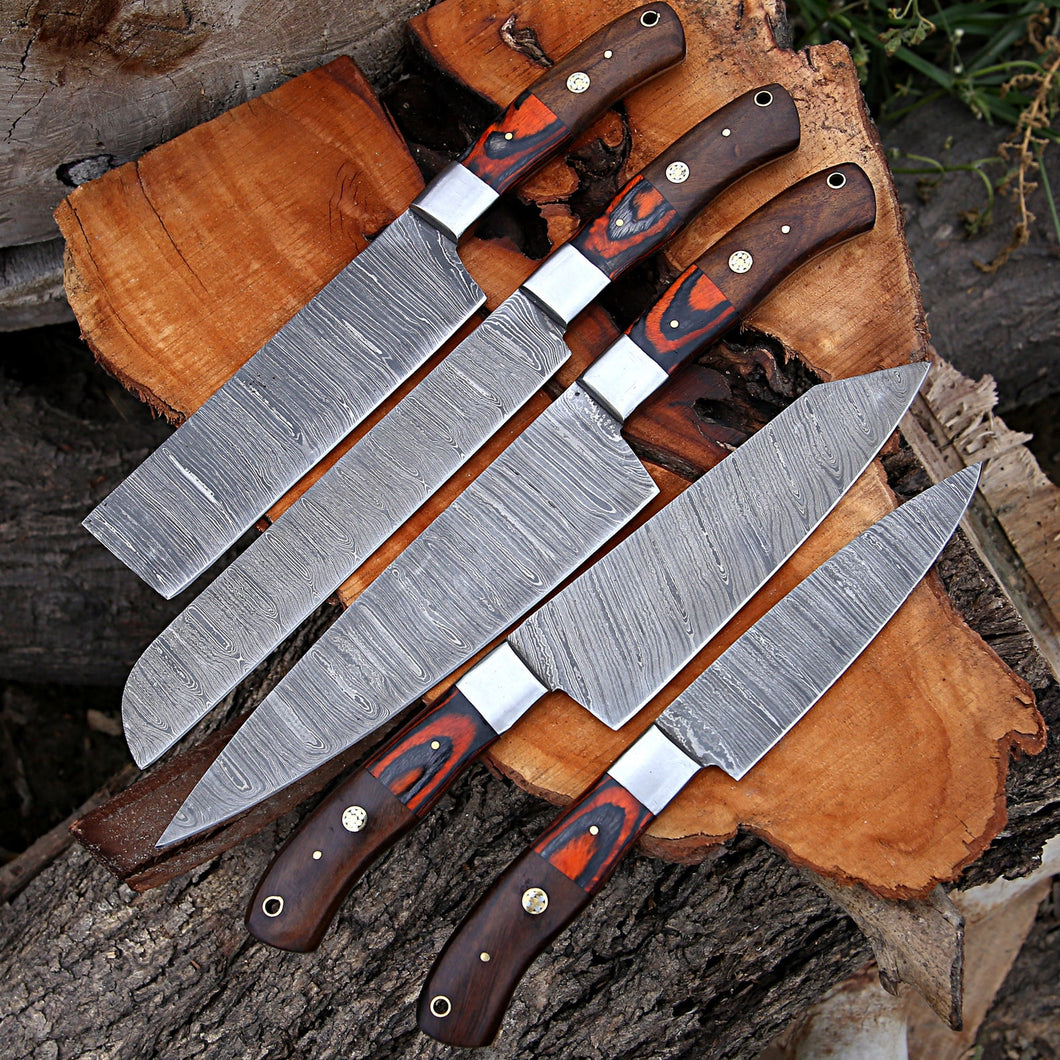 Damascus Steel Kitchen Knfie Set Custom knife set for Christmas Gift Chef Knife Set 5Pcs Knives Set With Leather Roll Kitchen Knife Set - Arham Cutlery