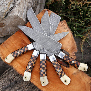 Handmade Damascus steel chef knives set With leather roll Kitchen use set of 5 pcs gift for him Full Kitchen Knife Set, with Wooden handle - Arham Cutlery