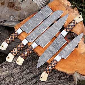 Handmade Damascus steel chef knives set With leather roll Kitchen use set of 5 pcs gift for him Full Kitchen Knife Set, with Wooden handle - Arham Cutlery