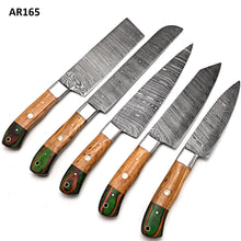 Cargar imagen en el visor de la galería, Handmade Damascus steel chef knives set With leather roll Kitchen use set of 5 pcs Full tang Kitchen Knife Set, with Wooden handle - Arham Cutlery
