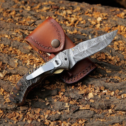 Handmade Damascus Steel Folding Blade Knife (Ram Horn Handle) - Arham Cutlery