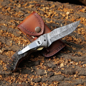 Handmade Damascus Steel Folding Blade Knife (Ram Horn Handle) - Arham Cutlery