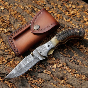 Handmade Damascus Steel Folding Blade Knife (Ram Horn Handle) - Arham Cutlery