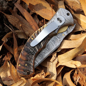 Handmade Damascus Steel Folding Blade Knife (Ram Horn Handle) - Arham Cutlery