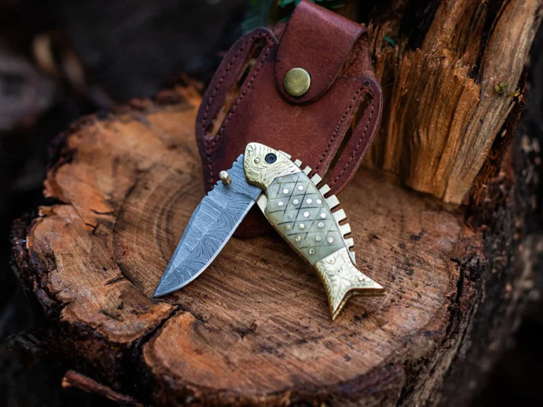 Handmade Fish Pocket Knife Damascus Folding Knife Bone Handle Special Gift for Any Occasion - Arham Cutlery