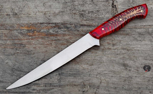 Handmade D2 Steel Fishing Fillet Knife with Red Epoxy Pine Cone Handle - Premium Quality - Arham Cutlery