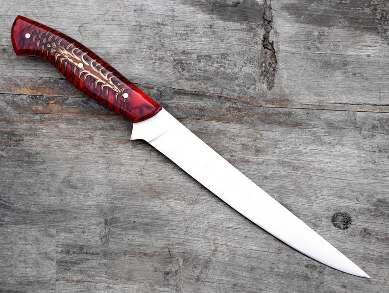 Handmade D2 Steel Fishing Fillet Knife with Red Epoxy Pine Cone Handle - Premium Quality - Arham Cutlery