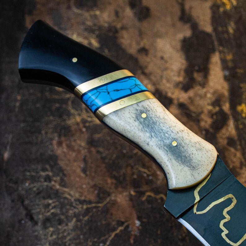 Handmade Viking Hunting Knife with Copper Inlay – Full Tang Stainless Steel Blade, Turquoise & Camel Bone Handle, Leather Sheath - Arham Cutlery