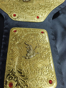 Big Gold World Heavyweight wrestling Title belt with Ric Flare Name Plate, 2mm Brass plates Adult Size