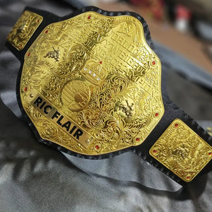 Big Gold World Heavyweight wrestling Title belt with Ric Flare Name Plate, 2mm Brass plates Adult Size