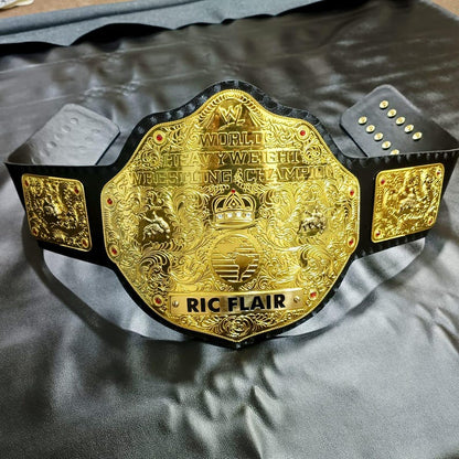 Big Gold World Heavyweight wrestling Title belt with Ric Flare Name Plate, 2mm Brass plates Adult Size