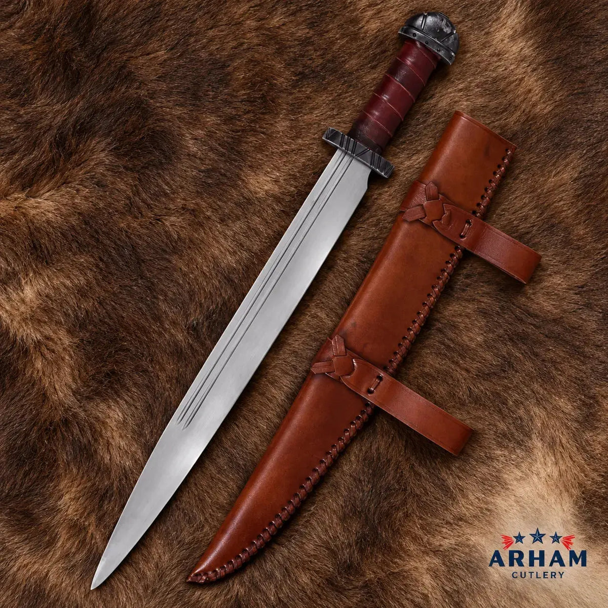 Ironhide Viking Long Seax Knife – Carbon Steel & Leather Wrapped Handle Arham Cutlery