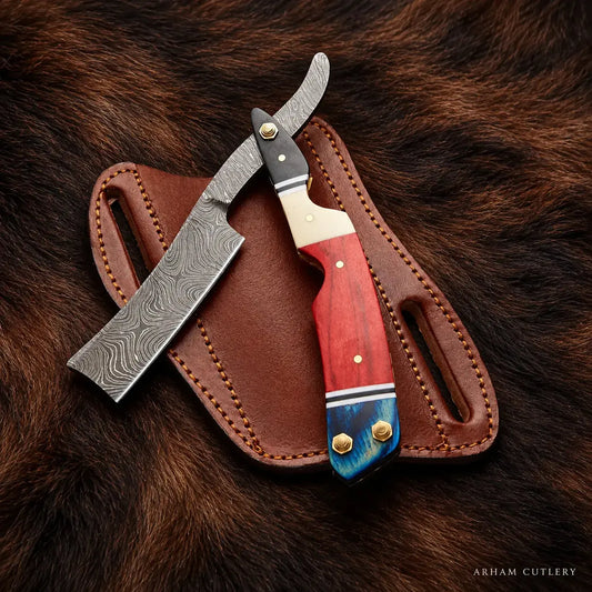 Ironveil Barbercrest™ Custom Damascus Straight Razor Arham Cutlery