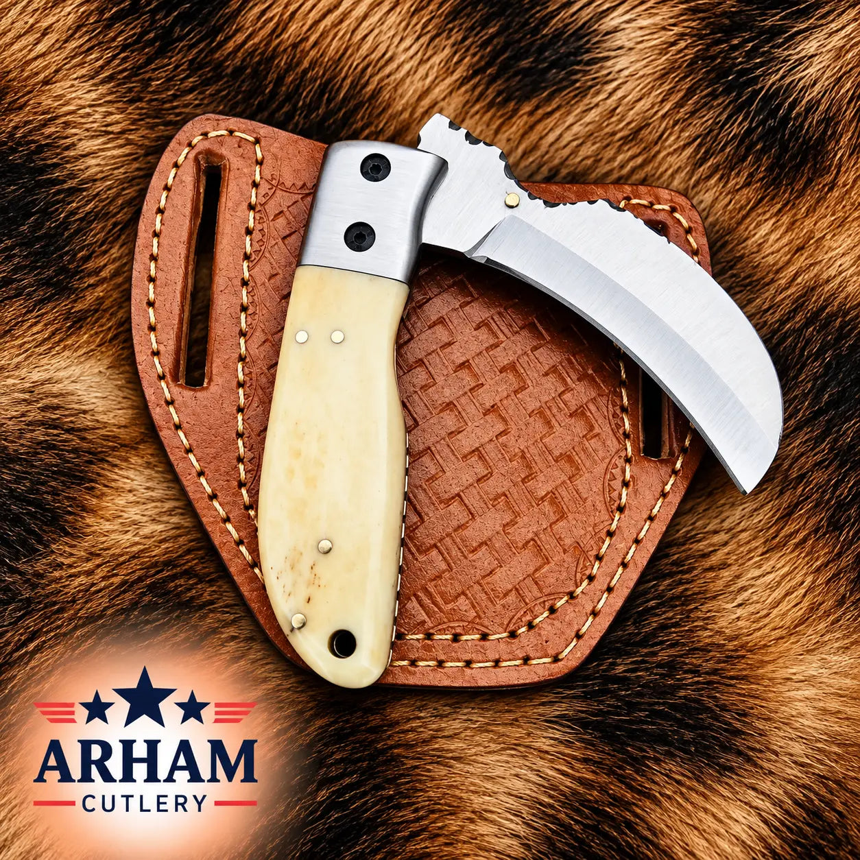 A curved fixed-blade knife with a cream bone handle and silver metal bolster, displayed in a brown leather sheath over a brown fur background. The ARHAM CUTLERY logo is visible in the bottom-left corner.