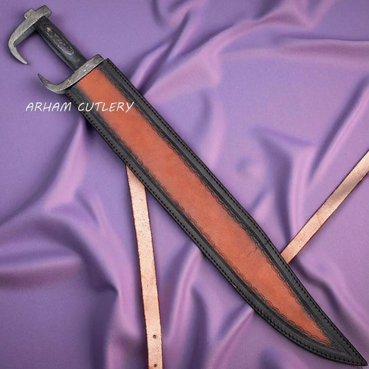 Hand-forged Spartan-style Damascus steel sword with curved blade, dark pakkawood handle, and leather sheath – Arham Cutlery