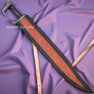 Hand-forged Spartan-style Damascus steel sword with curved blade, dark pakkawood handle, and leather sheath – Arham Cutlery