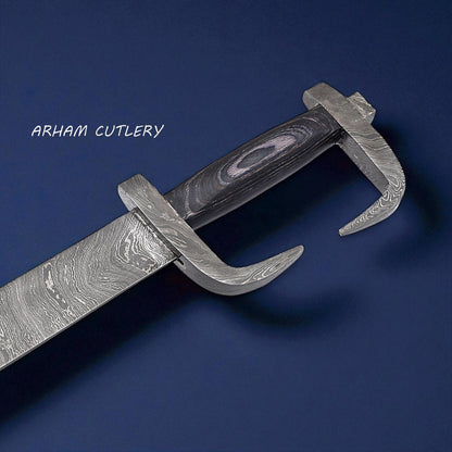 Hand-forged Spartan-style Damascus steel sword with curved blade, dark pakkawood handle, and leather sheath – Arham Cutlery