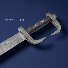 Cargar imagen en el visor de la galería, Hand-forged Spartan-style Damascus steel sword with curved blade, dark pakkawood handle, and leather sheath – Arham Cutlery

