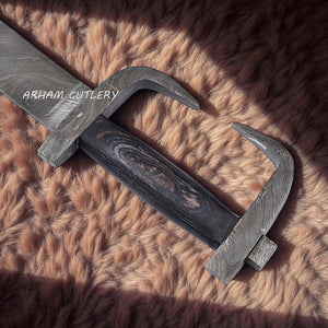 Hand-forged Spartan-style Damascus steel sword with curved blade, dark pakkawood handle, and leather sheath – Arham Cutlery