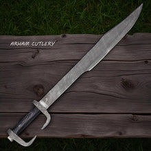 Cargar imagen en el visor de la galería, Hand-forged Spartan-style Damascus steel sword with curved blade, dark pakkawood handle, and leather sheath – Arham Cutlery
