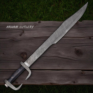 Hand-forged Spartan-style Damascus steel sword with curved blade, dark pakkawood handle, and leather sheath – Arham Cutlery