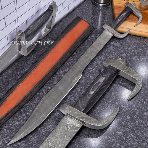 Hand-forged Spartan-style Damascus steel sword with curved blade, dark pakkawood handle, and leather sheath – Arham Cutlery