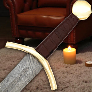 Kingsguard Damascus Medieval Sword with Full Tang Blade and Leather Sheath – Arham Cutlery