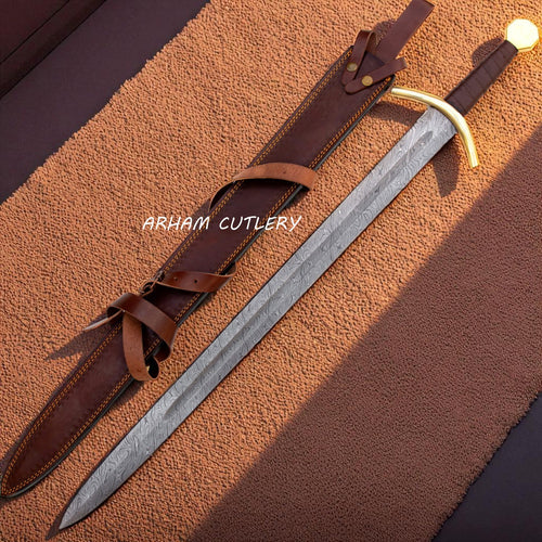 Kingsguard Damascus Medieval Sword with Full Tang Blade and Leather Sheath – Arham Cutlery